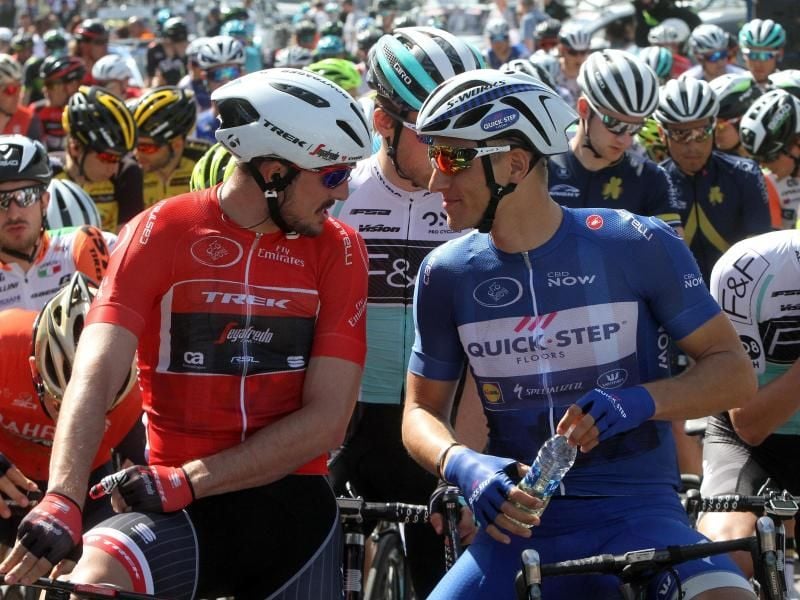 Viele Jahre Teamkollegen,aber auch Konkurrenten: Marcel Kittel (r) und John Degenkolb. Foto: Matteo Bazzi/ANSA/AP