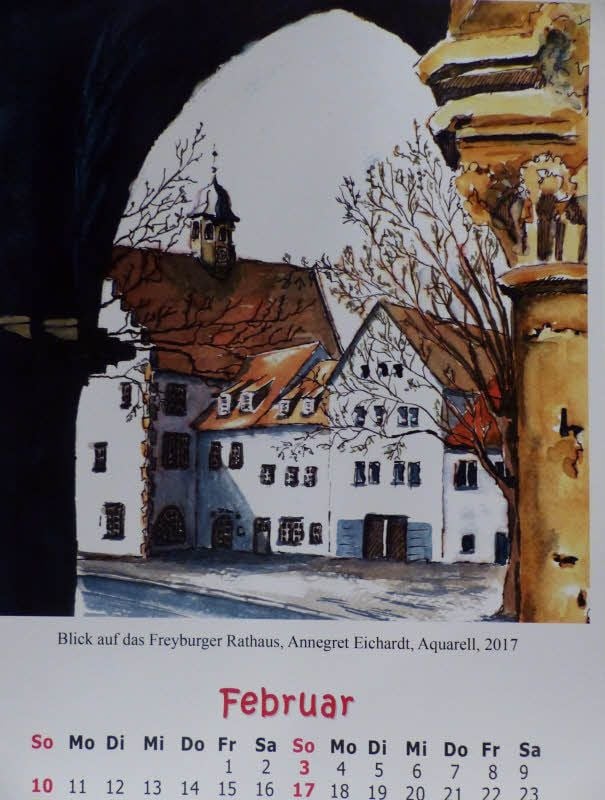 Annegret Eichardt, „Blick auf das Freyburger Rathaus“, Aquarell.