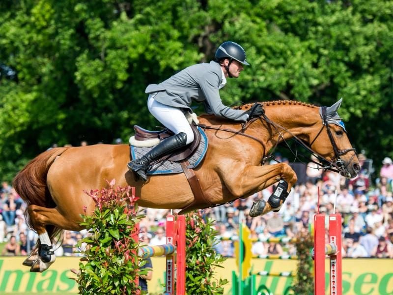 Philipp Weishaupt auf seinem Pferd Che Fantastica. Foto: Daniel Bockwoldt/dpa