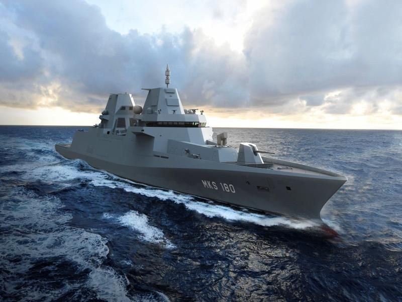 Eine Computersimulation des Mehrzweckkampfschiffes MKS 180. Foto: Damen Shipyards/dpa/Archivbild