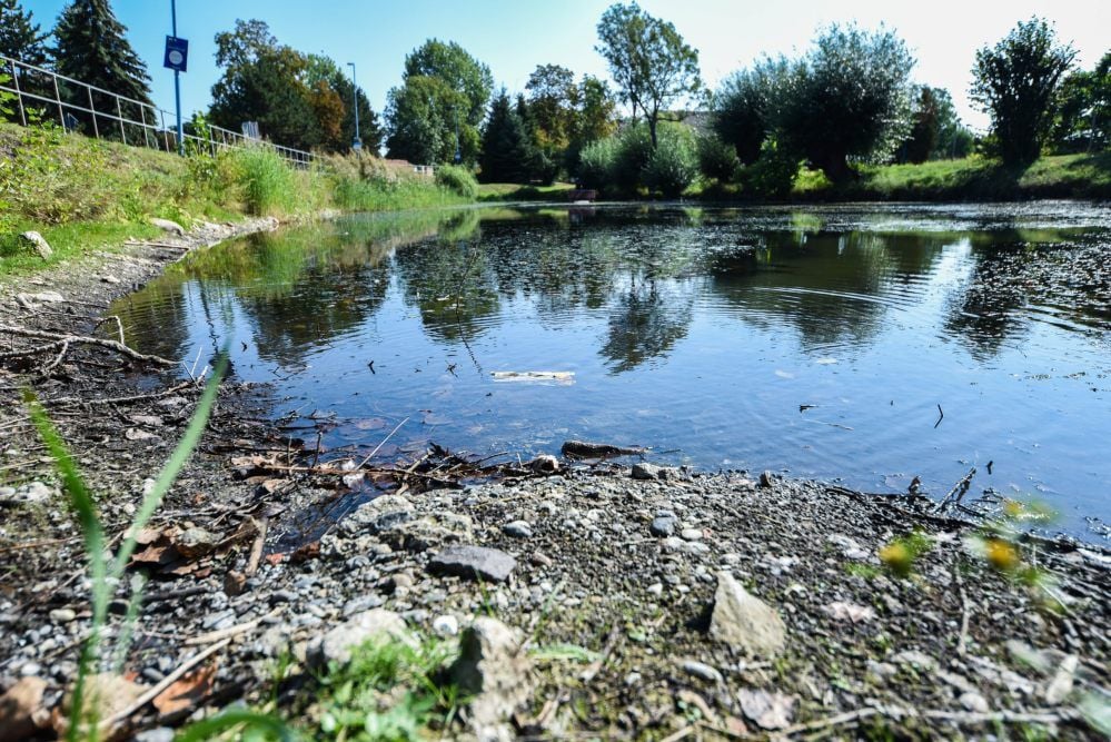 Auch der Löschteich in Wallendorf hat sich deutlich geleert.