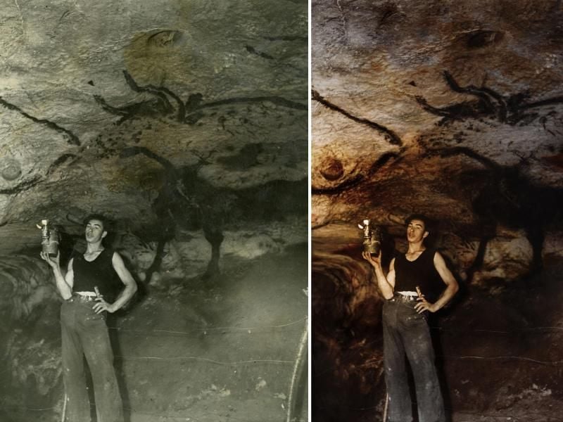 Die Aufnahme vom September 1940 (l) zeigt Marcel Ravidat, einen der vier Entdecker der Höhlen von Lascaux, der im Saal der Stiere steht und die Höhlenbilder betrachtet und das Bild in einer nachkolorierten Version. Foto: SC Exibitions/MCC/Colorized by Jordan Lloyd/