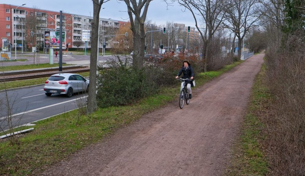 Entlang des Gimritzer Damms soll die neue Hochwasserschutzanlage auf der alten Deichlinie gebaut werden. Der Fuß-/Radweg bleibt erhalten.