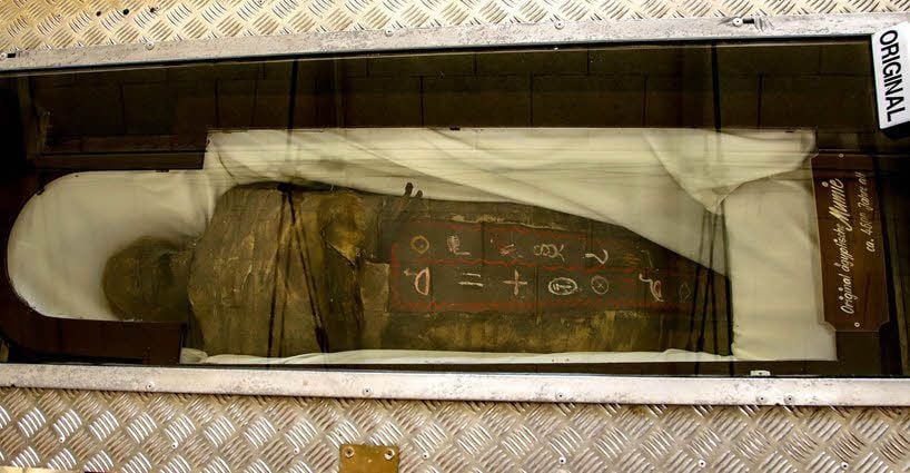 Die Mumie soll nach Aussagen des Ausstellungsbetreibers Harald Sperlich aus Holland stammen und einst auf Jahrmärkten gezeigt worden sein.