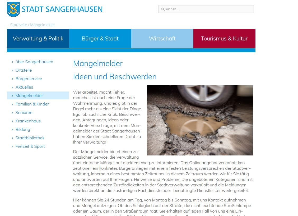 Die Stadt Sangerhausen verfügt jetzt über einen Mängelmelder auf ihrer Homepage.