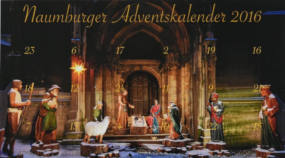 Die vom Naumburger Bildhauer Stefan Hutter geschaffene Krippenszene, die jährlich zum Weihnachtsmarkt an der Wenzelskirche aufgestellt wird, bildet das Motiv des Kalenders.