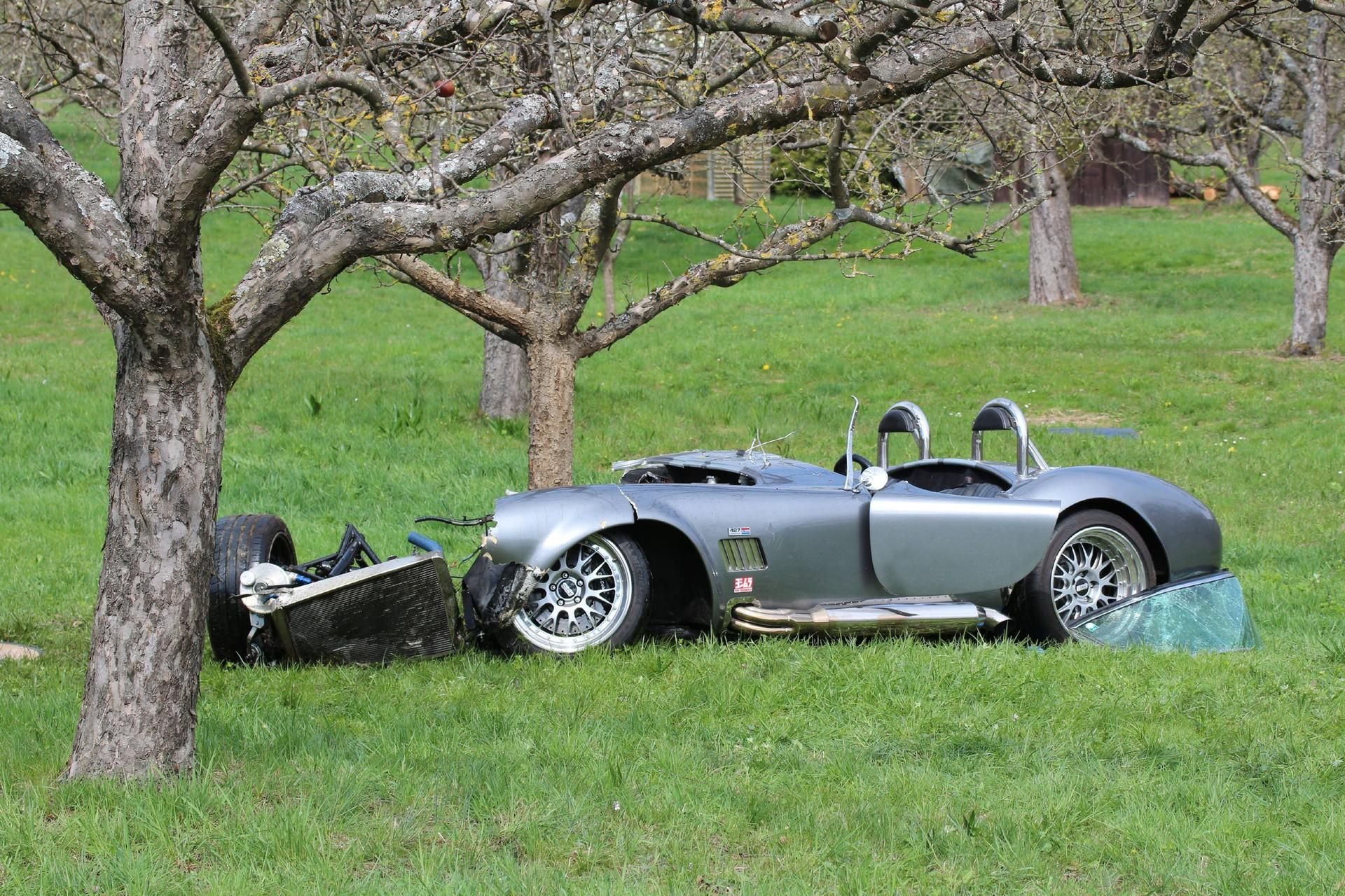 Das Wrack eines Oldtimers AC Cobra steht nach einem Unfall auf einer Wiese bei Unterbrüden (Rems-Murr-Kreis).