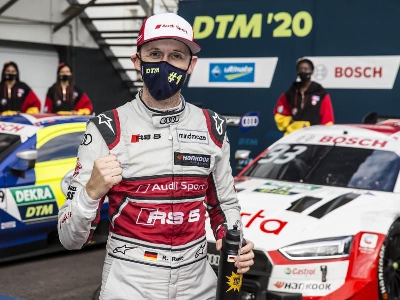 René Rast vom Audi Sport Team Rosberg jubelt in Zolder. Foto: Thomas Suer/Hoch Zwei/ITR/DTM/dpa