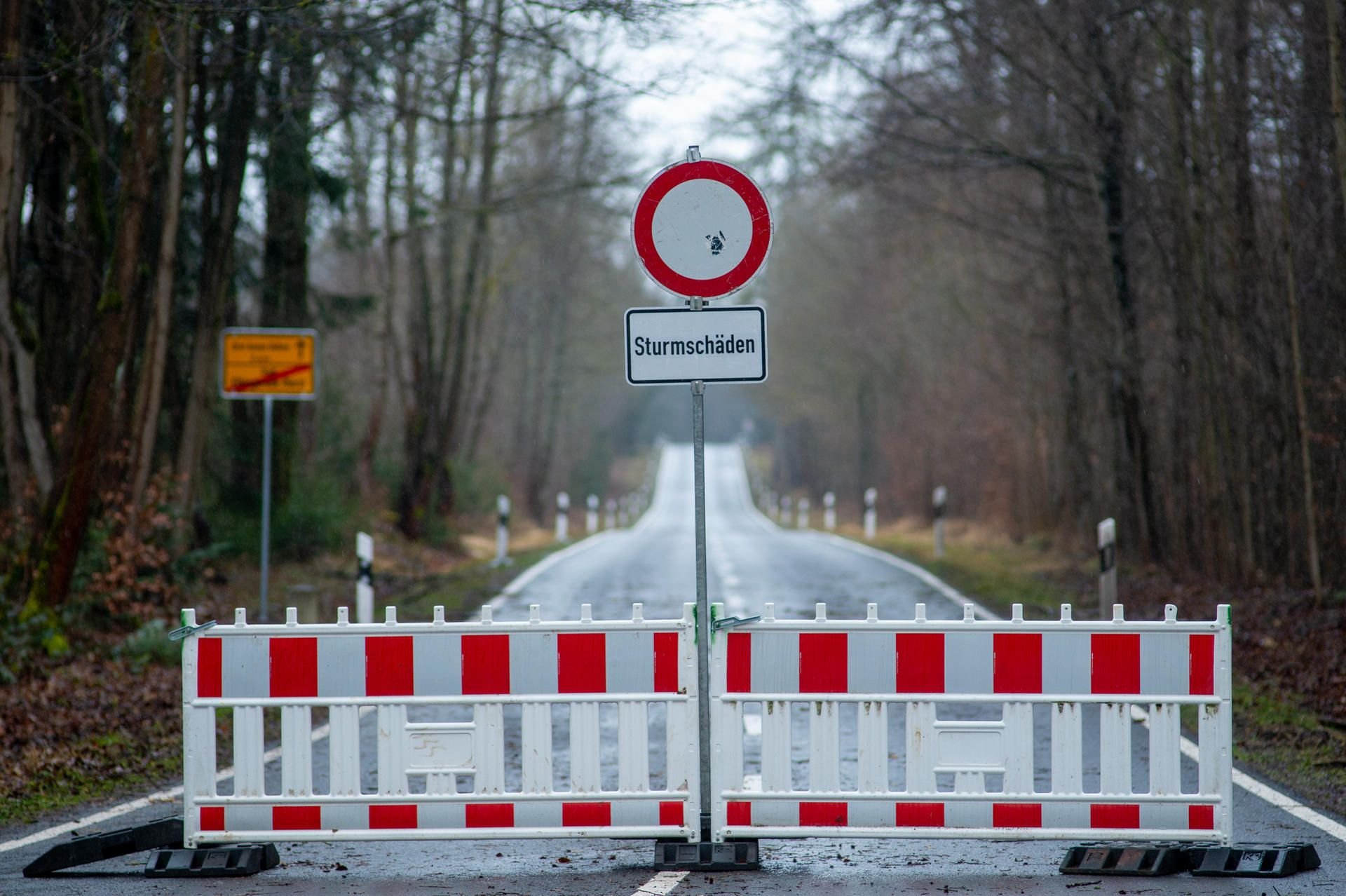 Elbingerode: «Sturmschäden» steht auf einem Schild vor einer Straßensperrung. Sturmtief «Sabine» hatte in der Nacht im Harz zahlreiche Bäume umgeknickt.