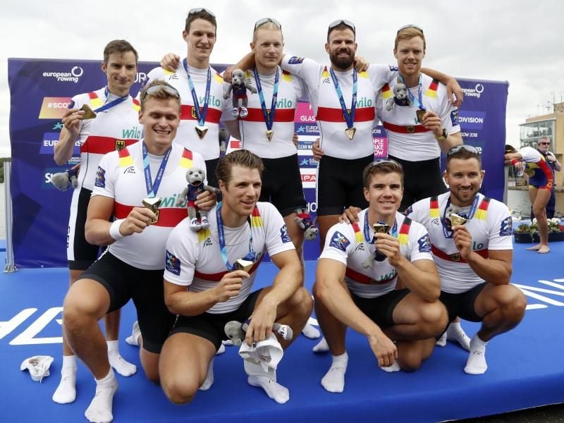 Achtmal Gold in Glasgow: Der Deutschland-Achter. Foto: Darko Bandic/AP