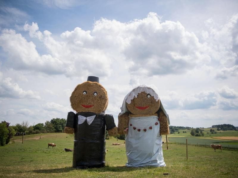 Strohballen, die als Brautpaar gestaltet wurden, stehen auf einer Weide. Foto: Marijan Murat/dpa/Symbolbild