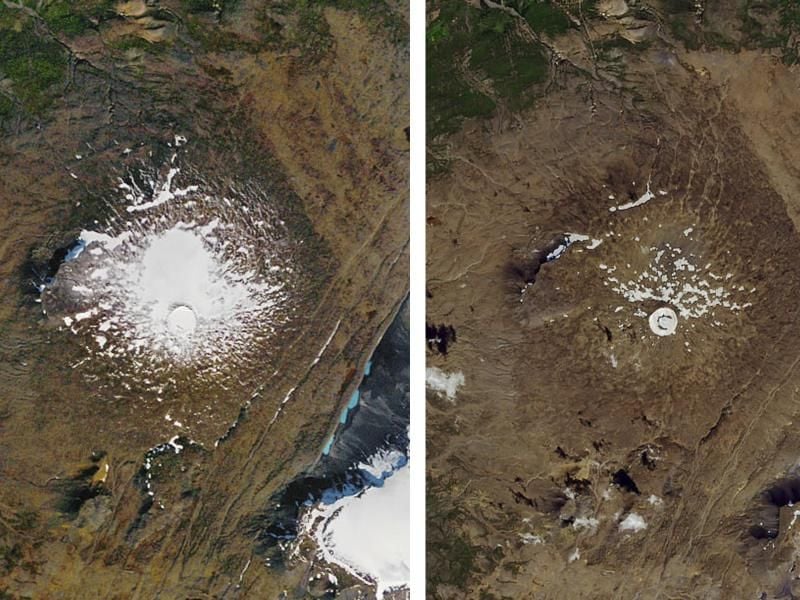 Links: Luftaufnahme des damals noch existierenden Okjökull-Gletschers aus dem Jahr 1986. Rechts: Vom geschrumpften Gletscher ist im August 2019 nur ein kleiner Fleck aus Eis übrig. Foto: AP