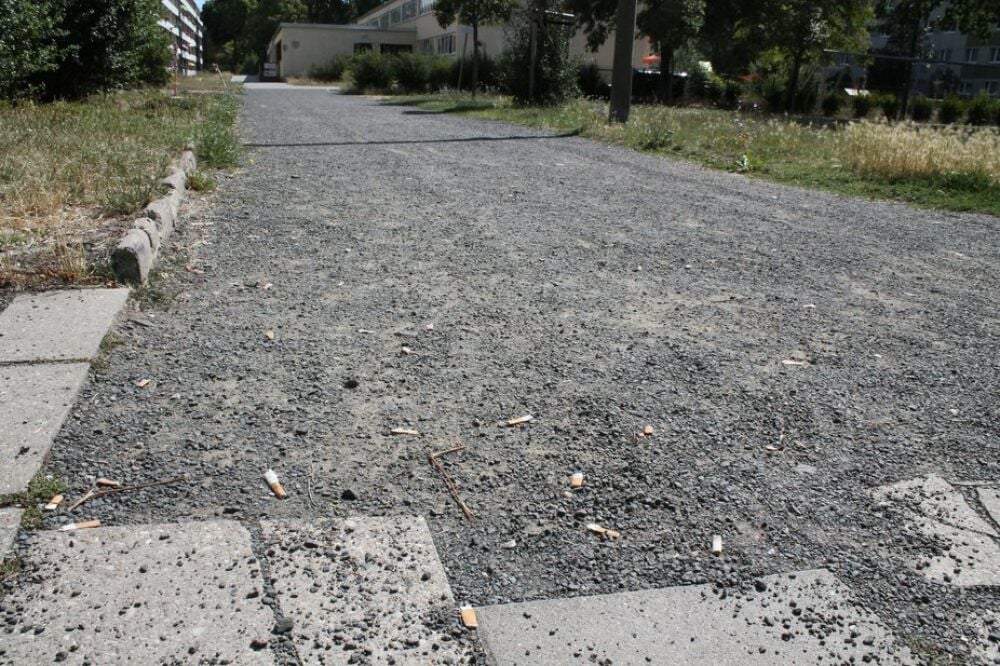 Zahlreiche Zigarettenstummel liegen auf dem Weg zur Kita.