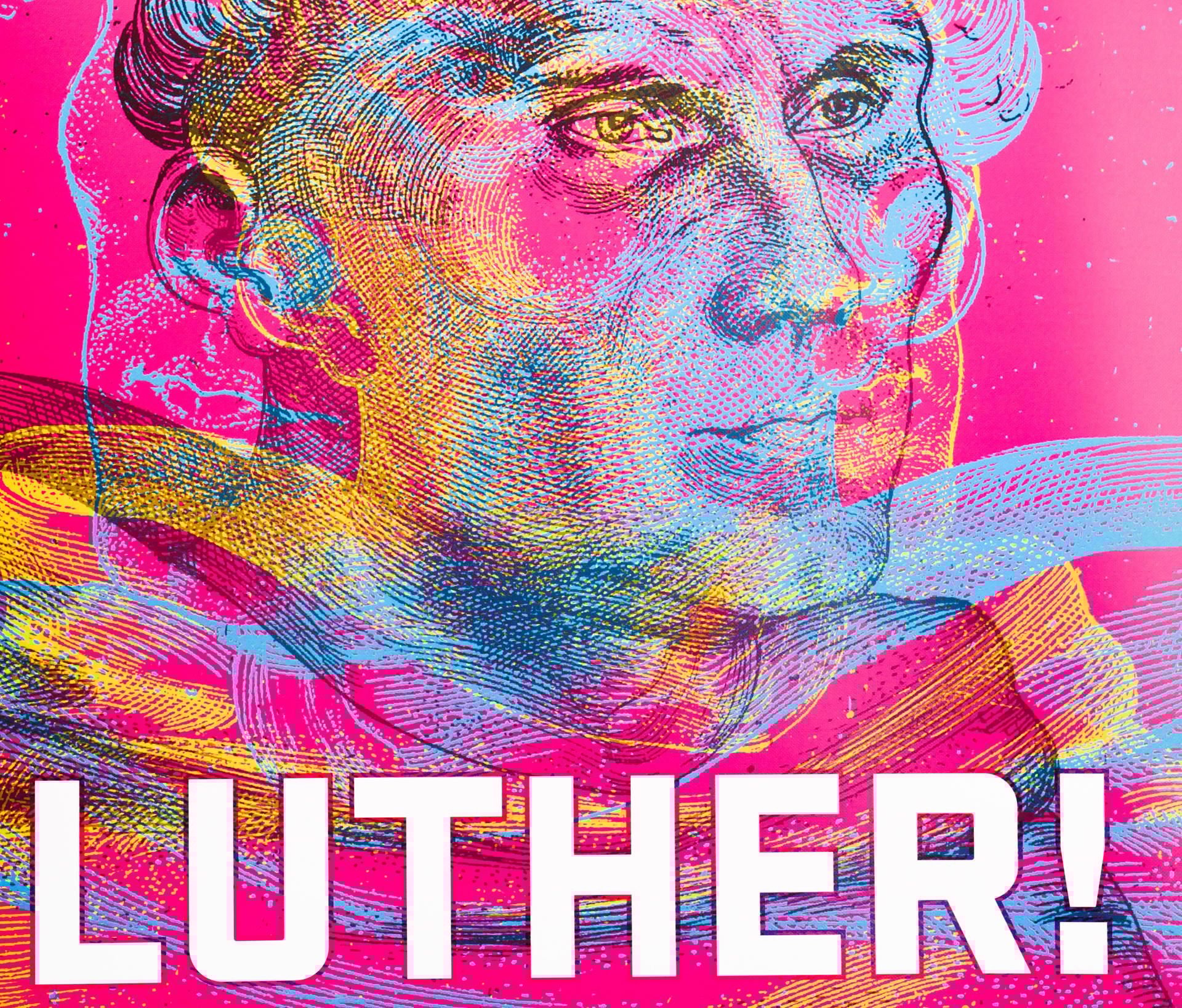 Eine Colllage auf einem Plakat aus Porträts des Reformators Martin Luther. Das Plakat ist das Titelplakat zur Nationalen Sonderausstellung "Luther! 95 Schätze - 95 Menschen", welche vom 13.05.-05.11.2017 im Augusteum in Wittenberg gezeigt wird.