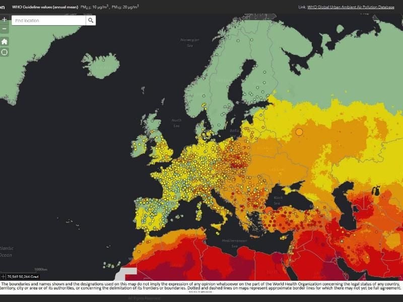 Auf ihrer Luftverschmutzungskarte zeigt die Weltgesundheitsorganisation WHO die Luftqualität an vielen Orten der Welt an. Screenshot: maps.who.int/airpollution/ Foto: maps.who.int/airpollution/