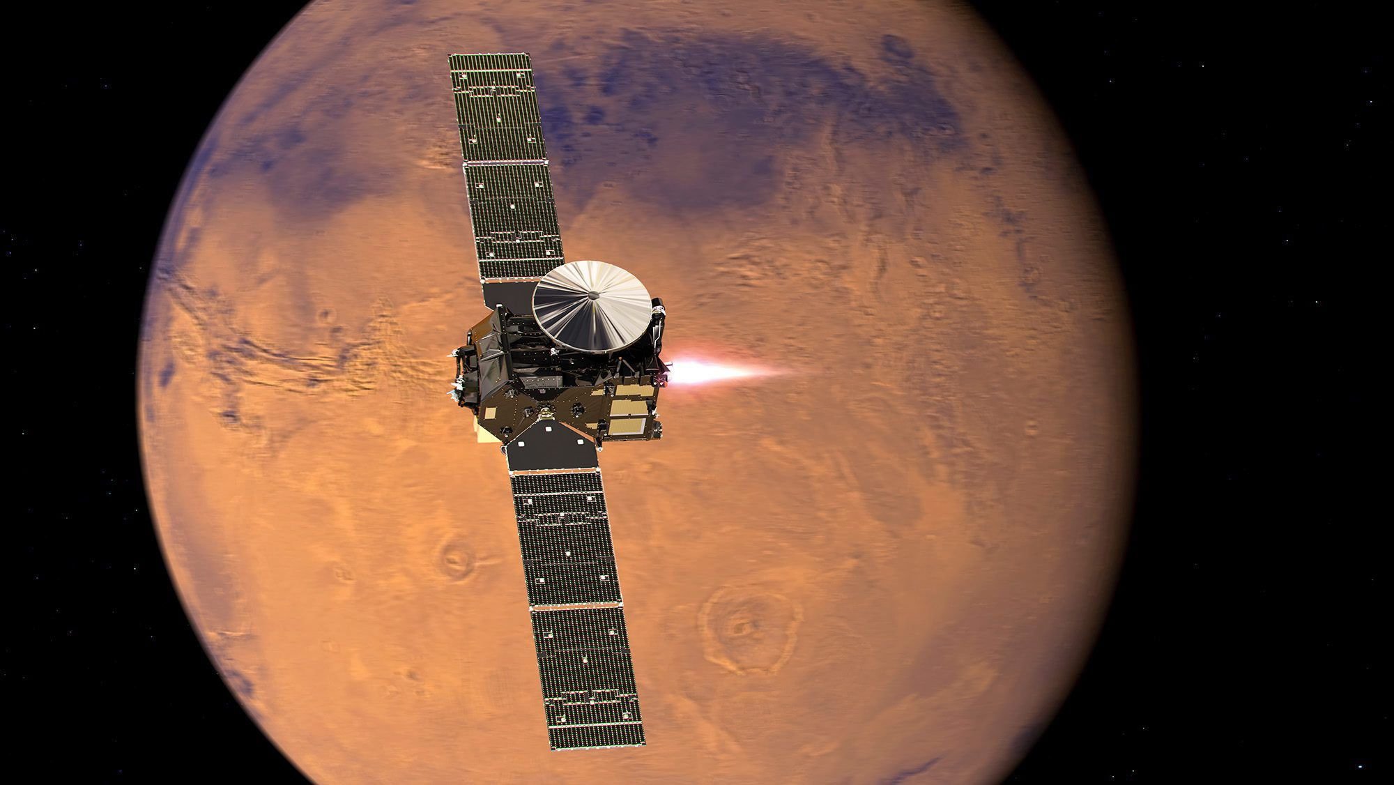 Die grafische Darstellung der ESA zeigt "Trace Gas Orbiter" mit dem Lander "Schiaparelli"