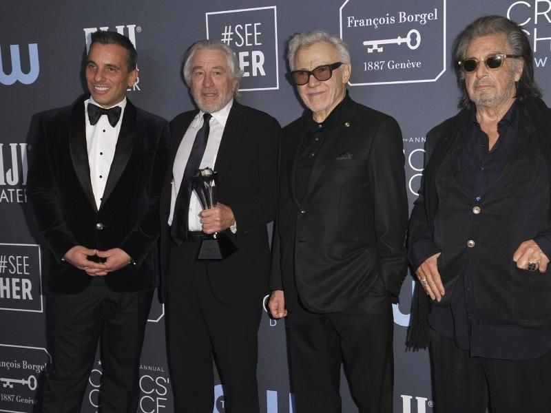 Sebastian Maniscalco (l-r), Robert De Niro, Harvey Keitel und Al Pacino sind „The Irishman”. Foto: Richard Shotwell/Invision/AP/dpa