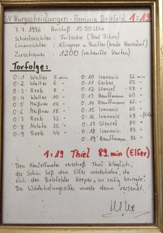 Handschriftliches Spielprotokoll mit dem Ehrentreffer des SVB-Team.