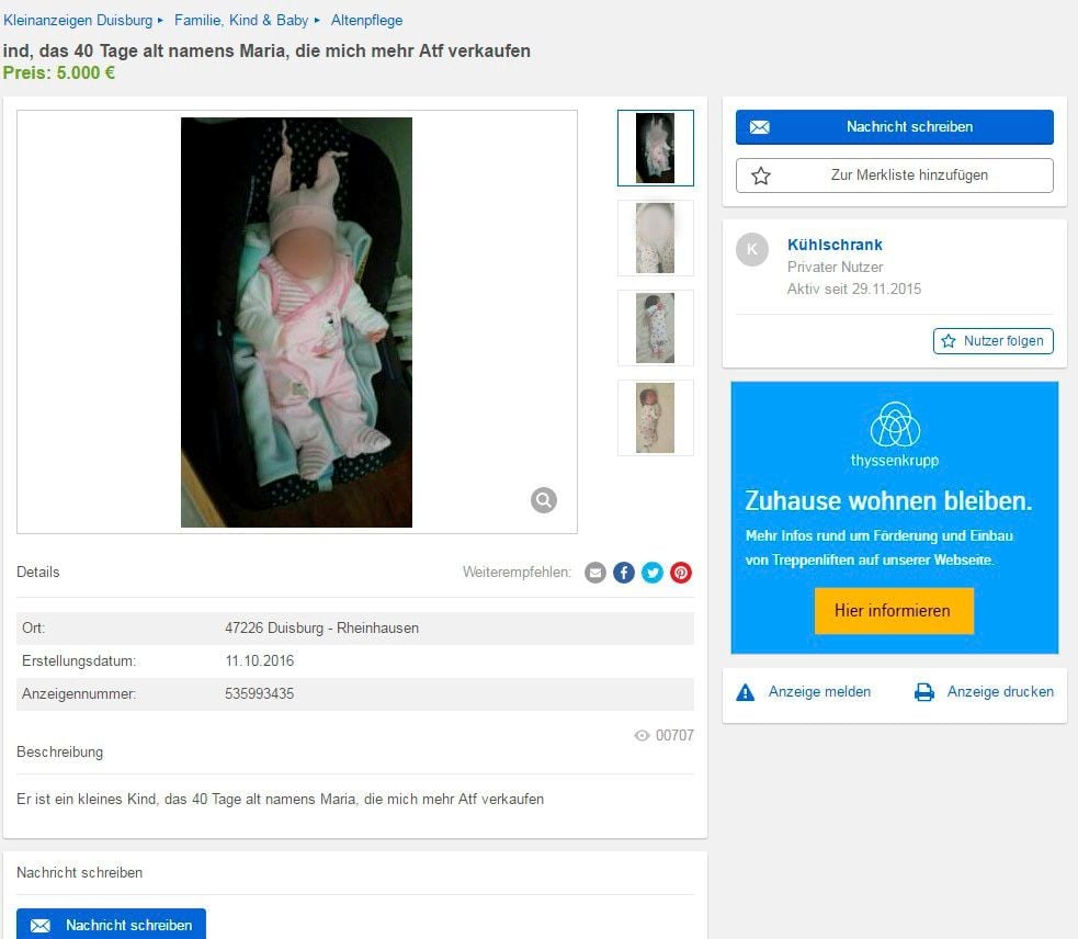 In diesem Ebay-Inserat bot der Vater das Kind zum Verkauf an.