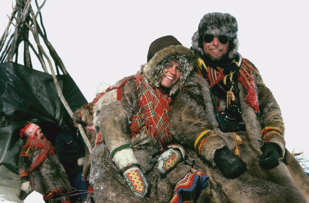 Jörg Trobitzsch 1976 unterwegs mit seiner Frau Päivi bei Temperaturen von minus 25 Grad in Lappland.