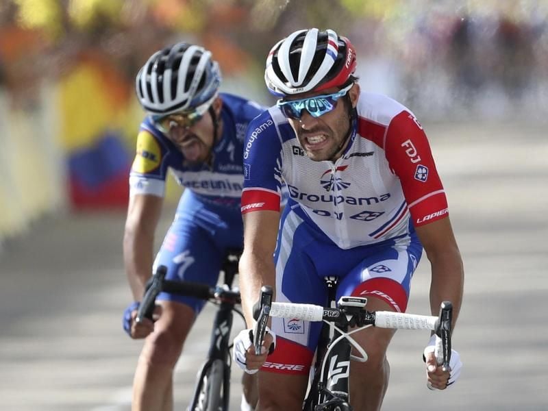 Thibaut Pinot (r) wurde vor Alaphilippe Etappen-Zweiter. Foto: Thibault Camus/AP