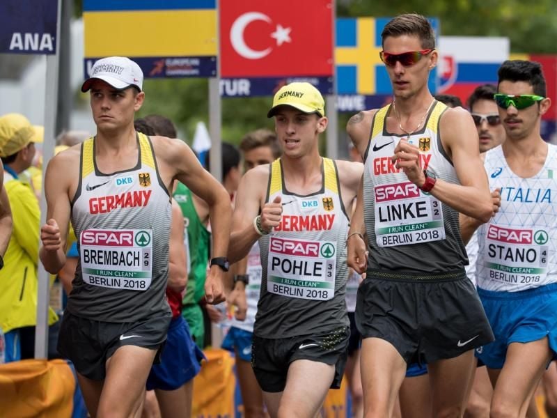 Die deutschen Geher Nils Brembach, Hagen Pohl und Christopher Linke in Berlin. Foto: Sven Hoppe