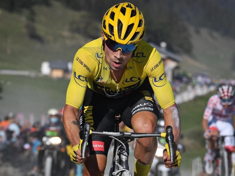 Primoz Roglic aus Slowenien führt die Gesamtwertung der Tour de France an. Foto: David Stockman/BELGA/dpa