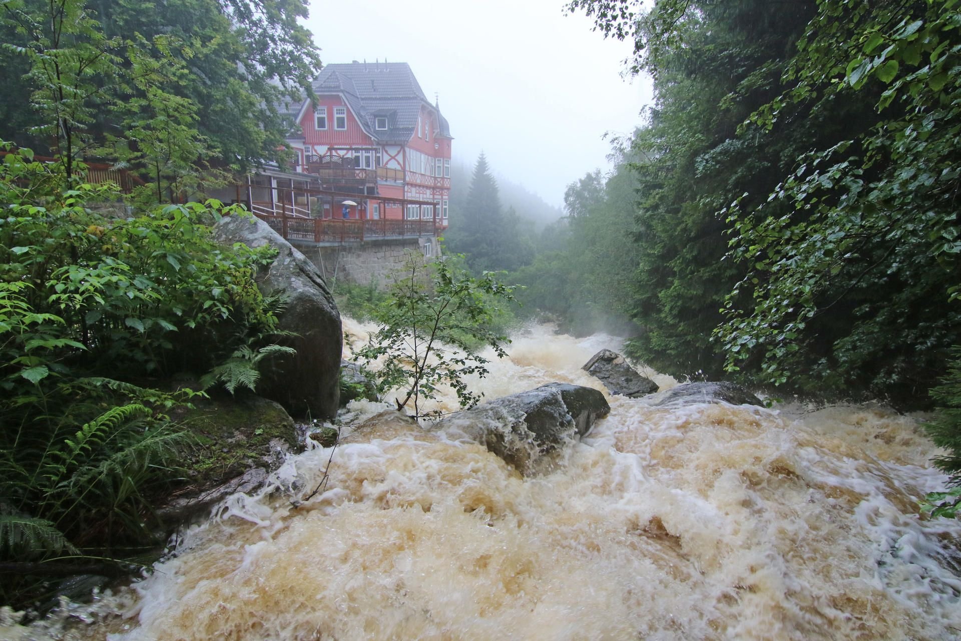 Gewaltige Wassermassen stürzen an der Steinernen Renne bei Wernigerode (Sachsen-Anhalt) entlang.