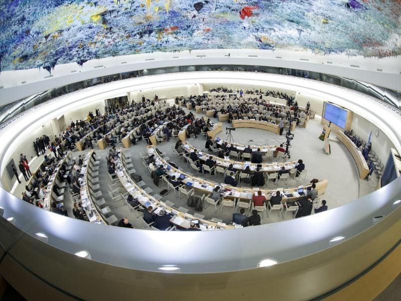 Der Sitzungssaal des Menschenrechtsrates der Vereinten Nationen in Genf. Foto: Salvatore Di Nolfi/KEYSTONE