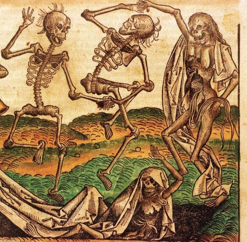Der Holzschnitt „Tanz der Toten“ des Malers Michael Wolgemut (1434-1519) zeigt die Pest-Toten im Mittelalter.