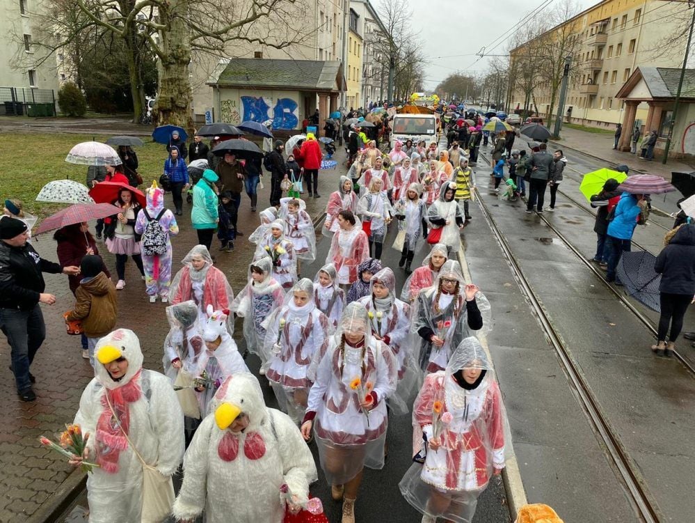 Trotz anhaltendem Regen zog zum „Rosensonntag“ ein langer Tross mit Narren und Jecken durch die Dessauer Innenstadt. Es war inzwischen der 23. Karnevalsumzug in der Stadt.