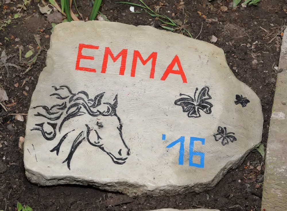 Der Stein von Emma ist mit Schmetterlingen und einem Pferdekopf verziert.
