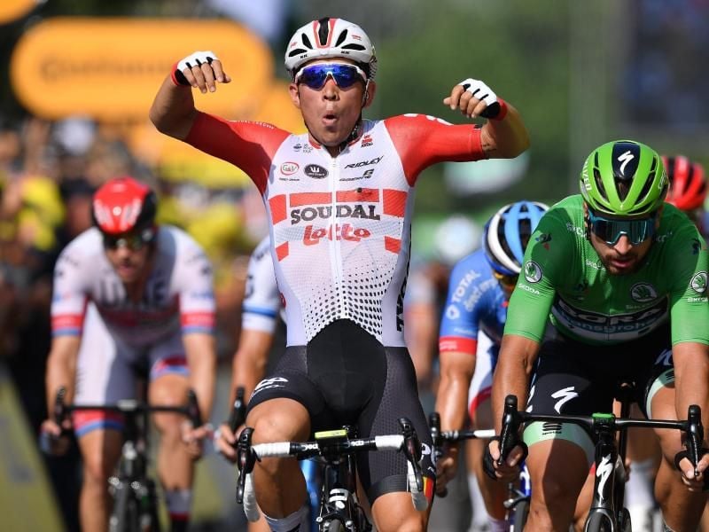 Caleb Ewan feiert seinen zweiten Etappensieg bei der 106. Tour de France. Foto: David Stockman/BELGA