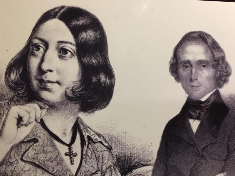 Eine Zeichnung von George Sand (l) und Frédéric Chopin in den Klosterräumen auf Mallorca. Foto: Carola Frentzen