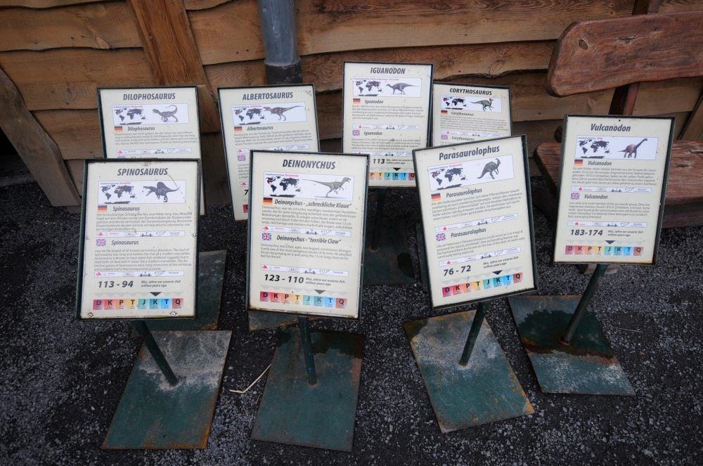 Die Saurier-Aktion hat nicht nur einen hohen Schauwert, sie lädt auch ein zum spielerischen Lernen: Infotafeln zu den mehr als 30 präsentierten Dino-Arten.