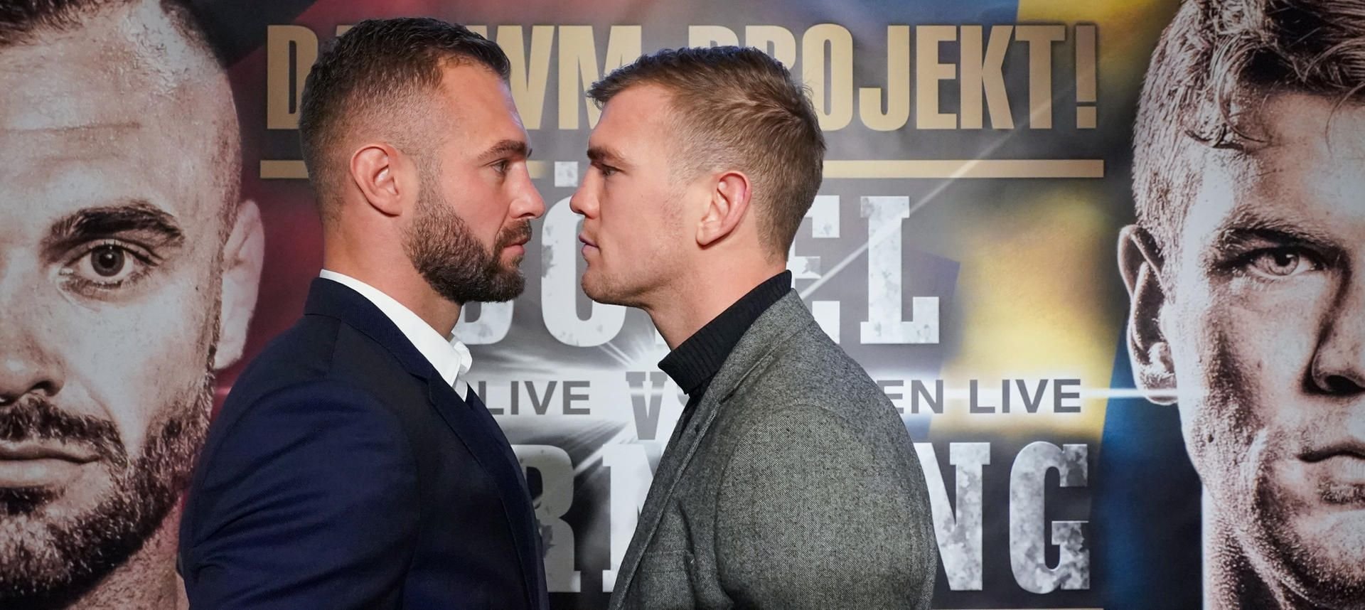 Beim Stare Down stehen sich der deutsche Boxprofi Dominic Bösel (l.) und der Schwede Sven Fornling in Halle gegenüber.