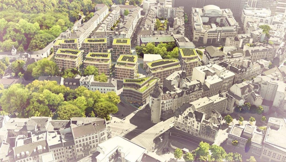 Vom Leipziger Turm bis zur Stadtgottesackerstraße zieht sich das neue Viertel hin - die Neubauten sind an den grünen Dächern zu erkennen.