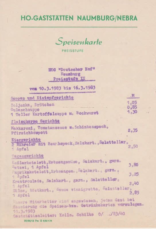 Mit Ormig-Verfahren gedruckte Speisekarte der Naumburger HO-Gaststätte „Deutscher Hof“ für die Zeit vom 10. bis 16. März 1983.