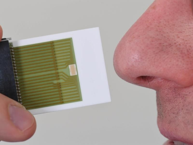 Forscher des KIT haben einen Sensor entwickelt, dem man unterschiedliche Gerüche beibringen kann. Foto: Uli Deck