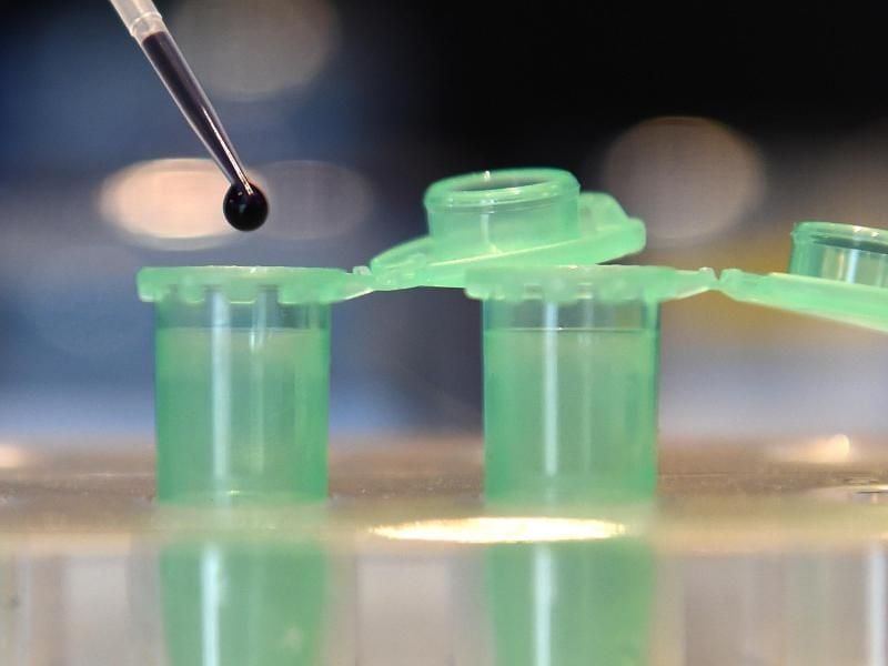 Ein Mitarbeiter füllt mit einer Pipette eine blaue Flüssigkeit in ein kleines Röhrchen. Foto: Marcus Brandt/dpa/Archivbild