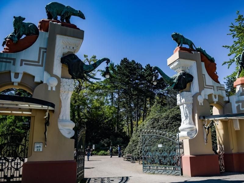 Sonne fällt auf das denkmalgeschützte sogenannte „Elefantentor”, den alten Eingang des Tierparks Hagenbeck. Foto: Axel Heimken/Archiv