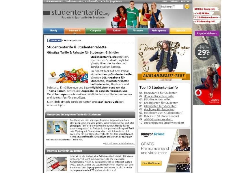 Ob günstigere Reisen, Mobilfunkverträge oder Notebooks: Auf Seiten wie „studententarife.org” können Studenten Geld sparen. Screenshot: studententarife.org Foto: studententarife.org