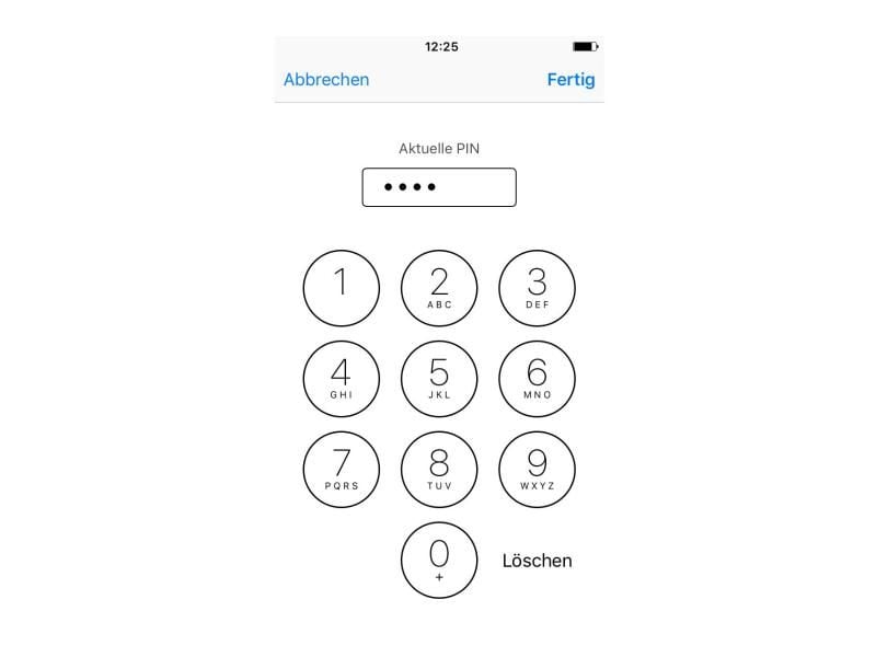 So wird die Pin-Nummer auf dem iPhone geändert. Schritt 4: Jetzt fragt das Betriebssystem zunächst nach der aktuellen Pin-Nummer. Diese muss zuerst eingegeben werden. Dann auf „Fertig” tippen. Screenshot: dpa-tmn Foto: dpa-tmn