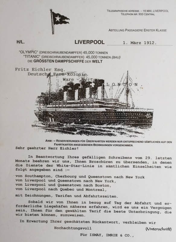 Eine Englischlehrerin übersetzte den Brief der Schifffahrtsgesellschaft ins Deutsche. Damit wurde für Fritz Eichler ein Platz an Bord der Titanic reserviert.