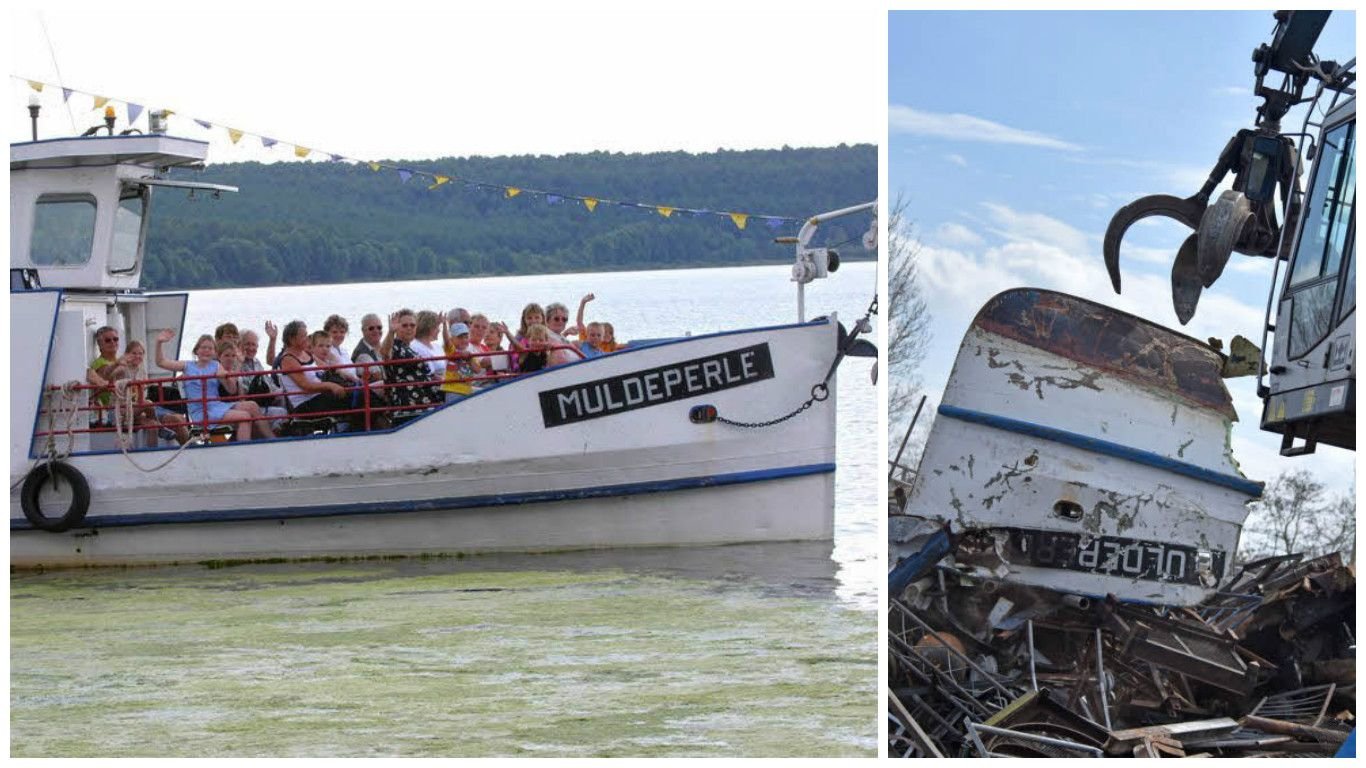 Ein Bild aus besseren Tagen: ein Kahn der fröhlichen Leute. Die letzte Station des kleinen stolzen Fahrgastschiffes ist nun der Schrottplatz. Nur der Bug war inmitten des Abfallhaufens noch zu sehen.