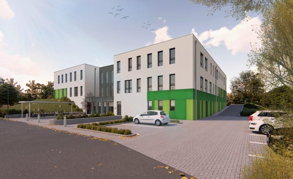 Die Visualisierung zeigt die fertige Kita, wie sie einmal aussehen soll. Gebaut wird der Komplex von der Firma Goldbeck.