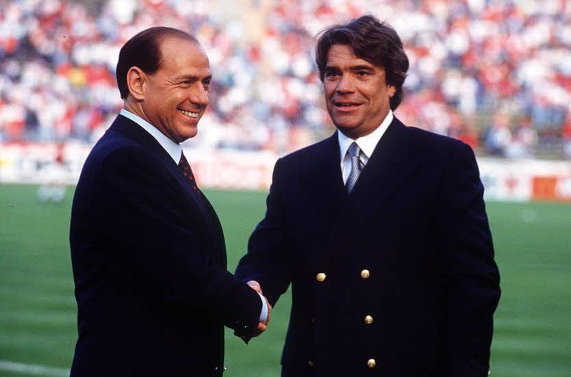Der Milliardär Bernard Tapie (r., mit AC-Mailand-Präsident Silvio Berlusconi) machte die Erfolge in Marseille möglich.