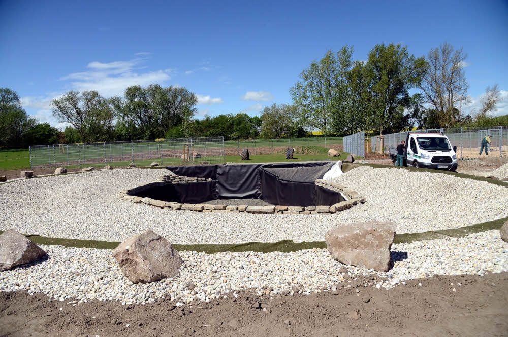 Im Hintergrund sieht man den neuen Hundeplatz, rechts daneben den Zwingerbereich. Der Feuerlöschteich wird gerade angelegt.