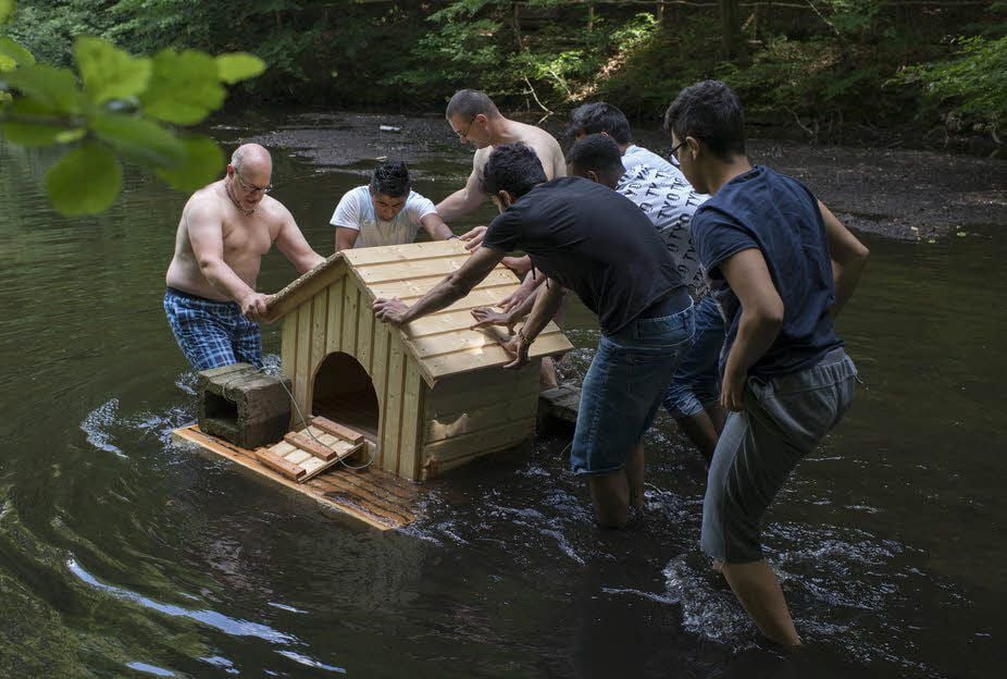 Heiko Schumann (l.) vom VHS-Bildungswerk und Carsten Kiehne (3. v. l.) bringen mit den Flüchtlingen das Entenhaus auf den Fischteich.