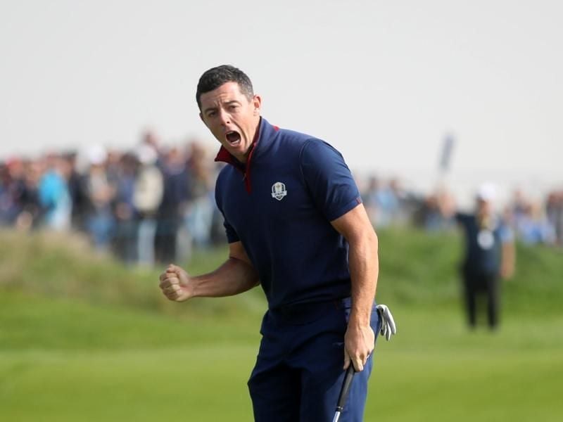 Rory McIlroy vom Team Europa jubelt über seinen Birdie. Foto: Adam Davy
